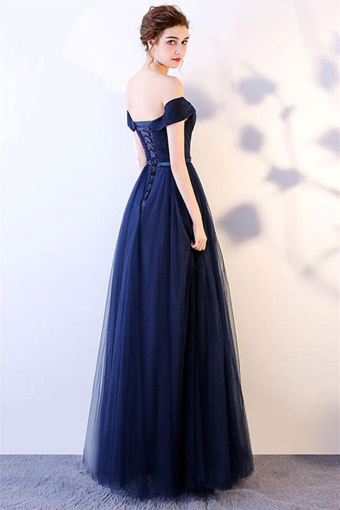 Simple Off Shoulder Navy Blue Tulle Long Prom Dresses, Off the Shoulde Lwt Dress Simple Off Shoulder Navy Blue Tulle Long Prom Dresses, Off the Shoulde Lwt Dress