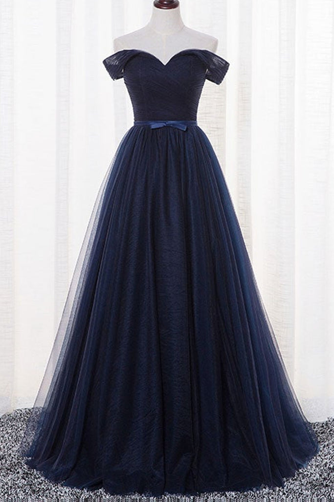 Simple Off Shoulder Navy Blue Tulle Long Prom Dresses, Off the Shoulde Lwt Dress Simple Off Shoulder Navy Blue Tulle Long Prom Dresses, Off the Shoulde Lwt Dress