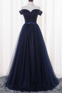 Simple Off Shoulder Navy Blue Tulle Long Prom Dresses, Off the Shoulde Lwt Dress Simple Off Shoulder Navy Blue Tulle Long Prom Dresses, Off the Shoulde Lwt Dress