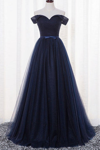 Simple Off Shoulder Navy Blue Tulle Long Prom Dresses, Off the Shoulder Navy Blue Formal Dresses, Navy Blue Evening Dresses