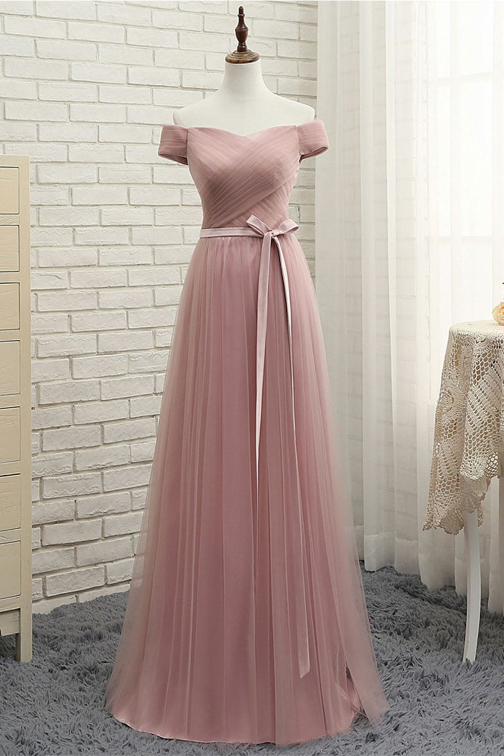 Simple Off Shoulder Pink Tulle Long Prom Dresses, Off the Shoulder Pink Formal Graduation Evening Dresses