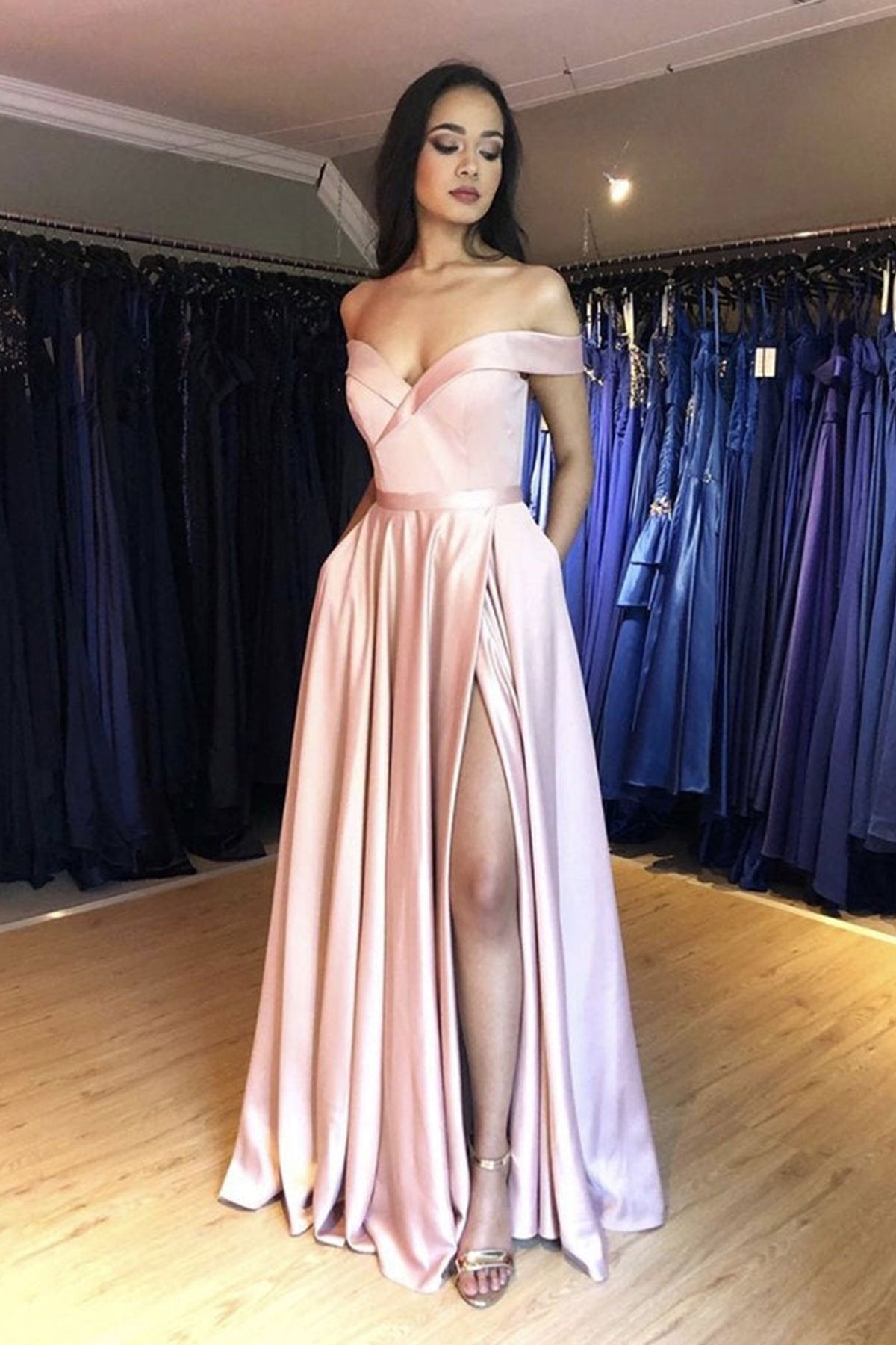 Simple Off the Shoulder Pink Satin Long Prom Dresses, Off Shoulder Pin Lwt Dress Simple Off the Shoulder Pink Satin Long Prom Dresses, Off Shoulder Pin Lwt Dress