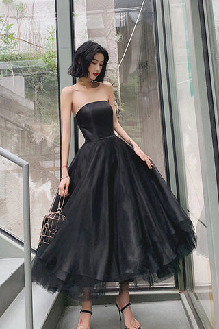 Simple Tea Length Black Prom Dresses, Black Tea Length Formal Homecoming Dresses