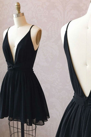 Simple V Neck Backless Black Short Prom Dresses, Backless Black Homecoming Dresses, Black Formal Graduation Evening Dresses