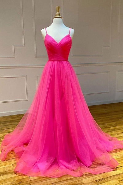 Simple V Neck Backless Hot Pink Long Prom Dresses, Hot Pink Formal Graduation Evening Dresses