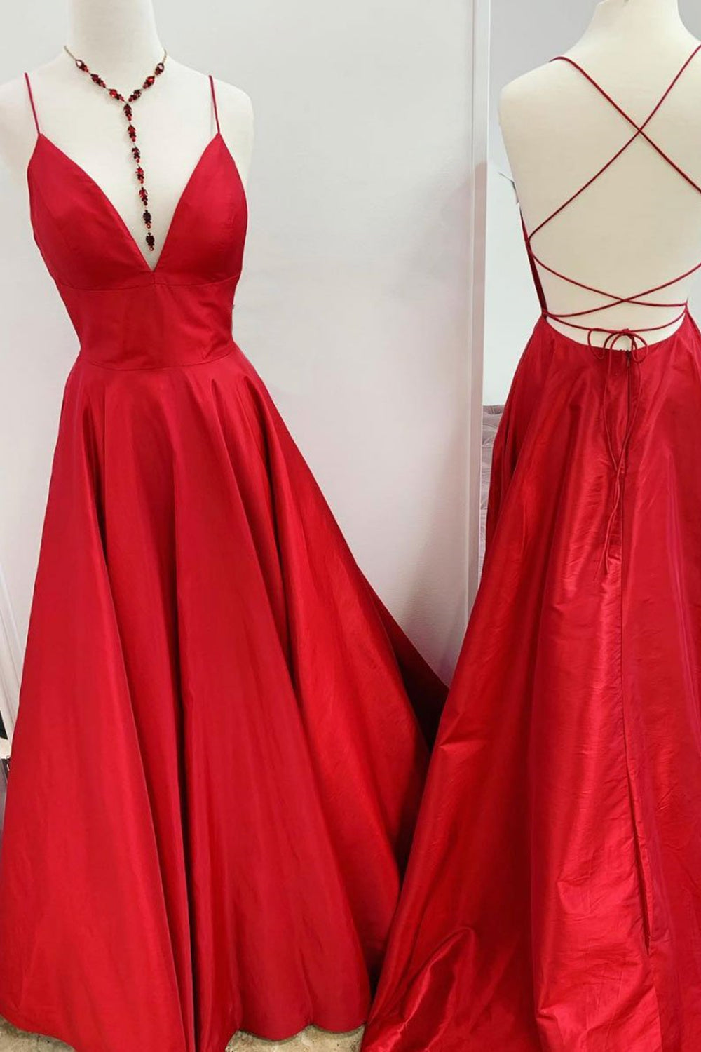 Simple V Neck Backless Red Satin Long Prom Dresses, Backless Red Formal Graduation Evening Dresses