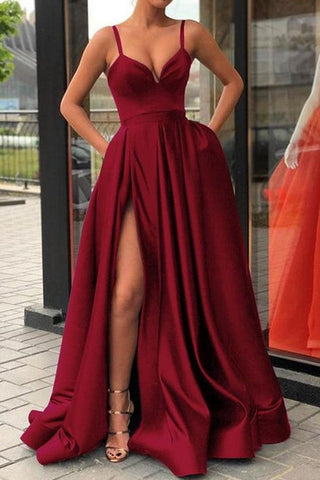 Simple V Neck Burgundy Satin Long Prom Dresses with High Slit, V Neck Burgundy Formal Graduation Evening Dresses