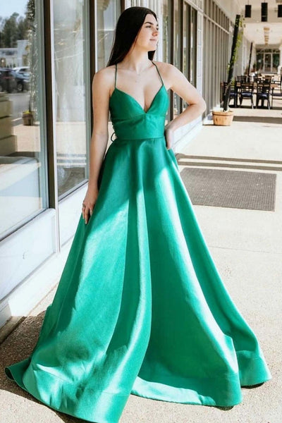 Simple V Neck Green Satin Long Prom Dresses, V Neck Green Formal Dresses, Green Evening Dresses
