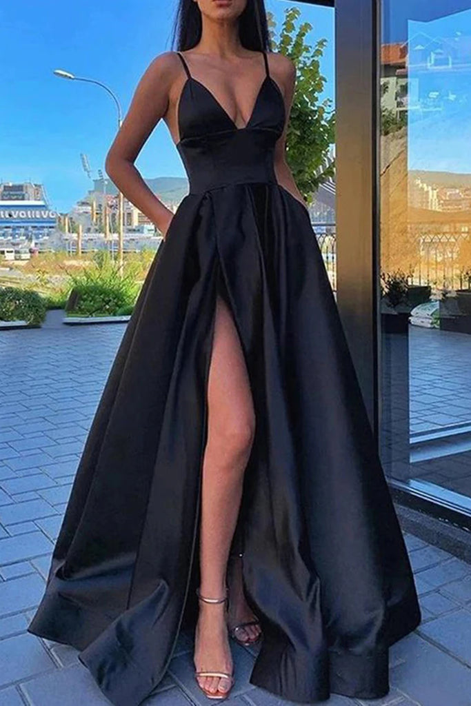 Simple V Neck High Slit Burgundy/Black/Blue Satin Long Prom Dresses, V Lwt Dress Simple V Neck High Slit Burgundy/Black/Blue Satin Long Prom Dresses, V Lwt Dress