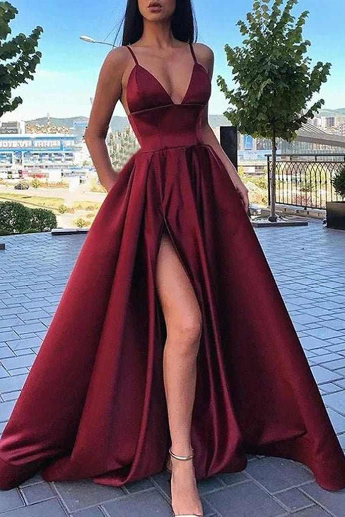 Simple V Neck High Slit Burgundy/Black/Blue Satin Long Prom Dresses, V Lwt Dress Simple V Neck High Slit Burgundy/Black/Blue Satin Long Prom Dresses, V Lwt Dress