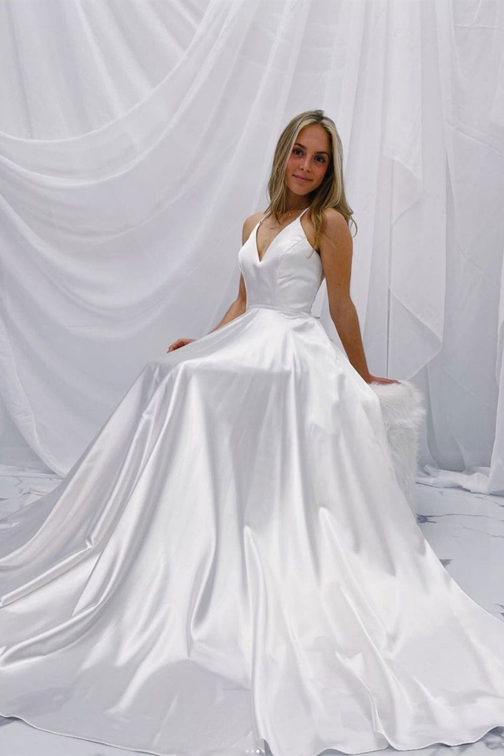 Simple V Neck Open Back White Satin Long Prom Dresses, V Neck White Formal Graduation Evening Dresses