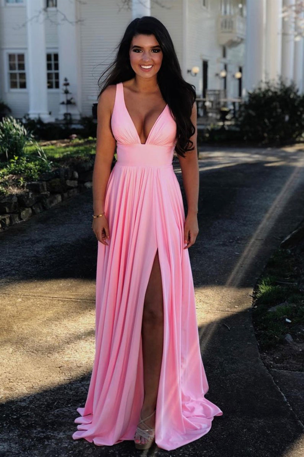 Simple V Neck Pink Long Prom Dresses with High Slit, V Neck Pink Forma Lwt Dress Simple V Neck Pink Long Prom Dresses with High Slit, V Neck Pink Forma Lwt Dress
