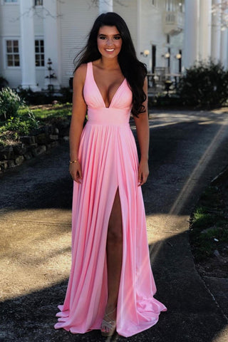 Simple V Neck Pink Long Prom Dresses with High Slit, V Neck Pink Formal Evening Dresses, Pink Bridesmaid Dresses