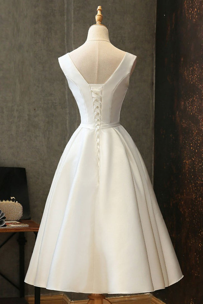 Simple V Neck White Satin Short Prom Dresses, V Neck White Homecoming Lwt Dress Simple V Neck White Satin Short Prom Dresses, V Neck White Homecoming Lwt Dress