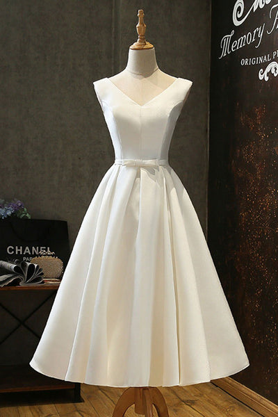 Simple V Neck White Satin Short Prom Dresses, V Neck White Homecoming Dresses, White Formal Dresses