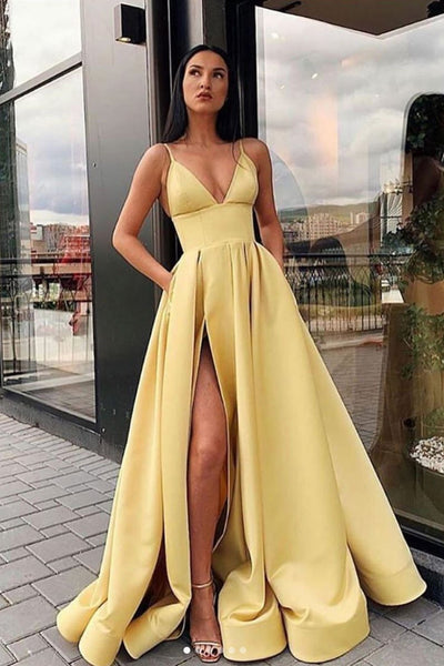 Simple V Neck Yellow Satin Long Prom Dresses, V Neck Yellow Formal Dre –  Lwt Dress