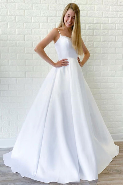 Simple White Satin Long Prom Dresses, Long White Formal Graduation Evening Dresses