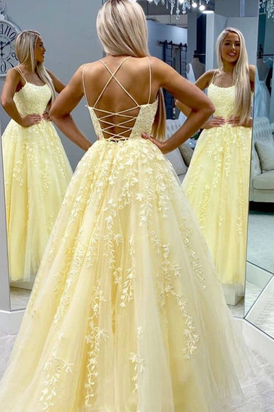 Spaghetti Straps Yellow Lace Applique Prom Dresses, Yellow Lace Formal Evening Dresses