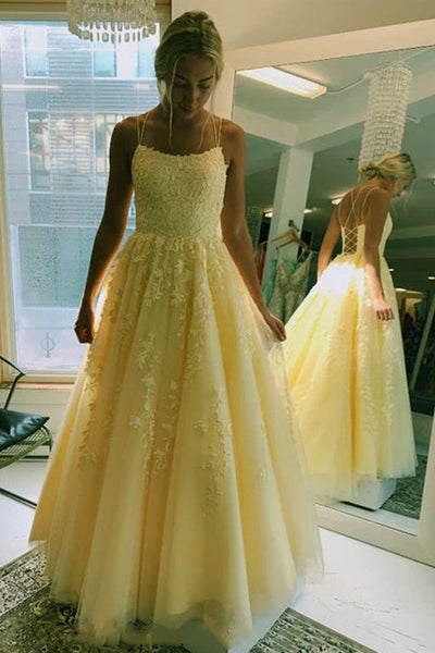 Spaghetti Straps Yellow Lace Applique Prom Dresses, Yellow Lace Formal Evening Dresses