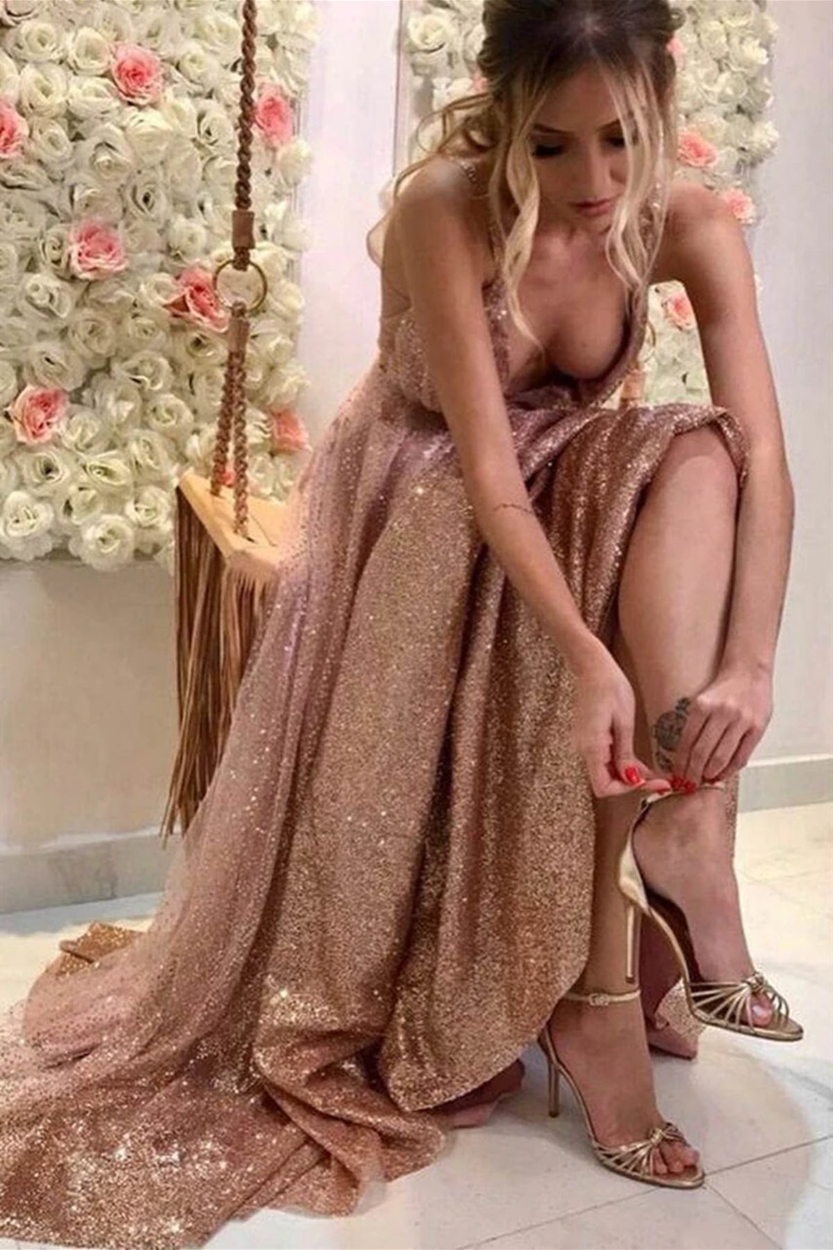 Sparkly Rose Gold Long Prom Dresses A Line V Neck Rose Golden Formal G Lwt Dress Sparkly Rose Gold Long Prom Dresses A Line V Neck Rose Golden Formal G Lwt Dress