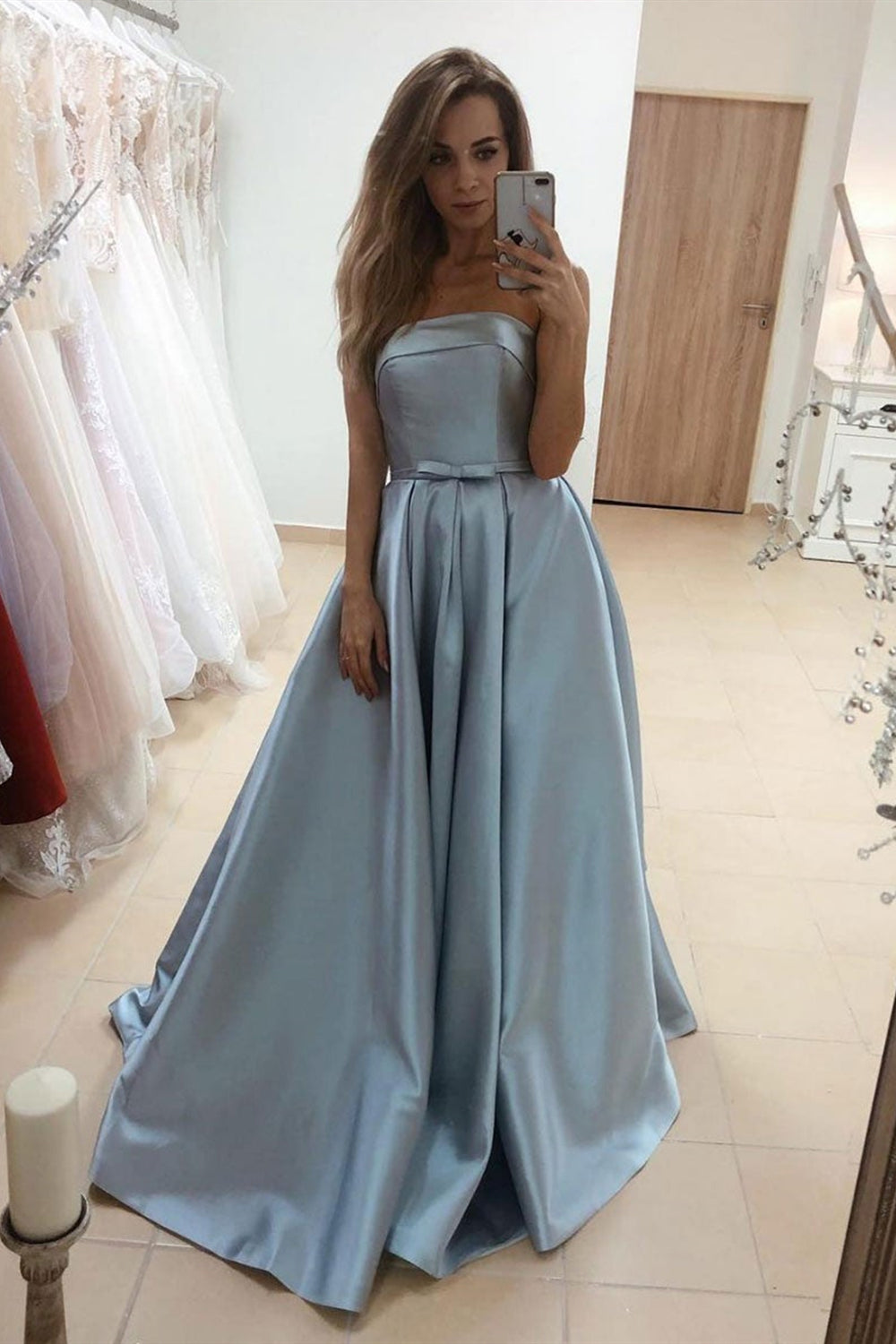 Strapless Blue Satin Long Prom Dresses, Long Blue Formal Graduation Evening Dresses