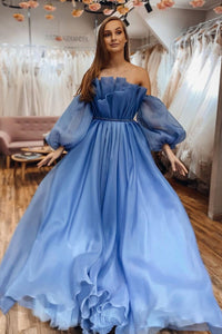 Strapless Blue Tulle Long Prom Dresses with Belt, Long Blue Formal Dresses, Blue Evening Dresses
