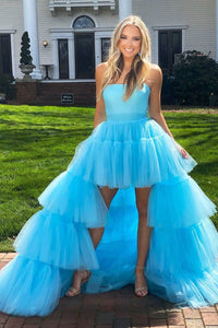 Strapless High Low Blue Tulle Long Prom Dresses, High Low Blue Formal Evening Dresses