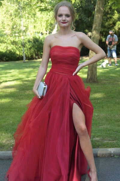 Strapless High Slit Red Tulle Long Prom Dresses, Red Tulle Formal Graduation Evening Dresses