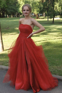 Strapless High Slit Red Tulle Long Prom Dresses, Red Tulle Formal Graduation Evening Dresses