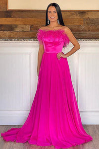 Strapless Hot Pink Prom Dresses, Hot Pink Long Formal Graduation Dresses