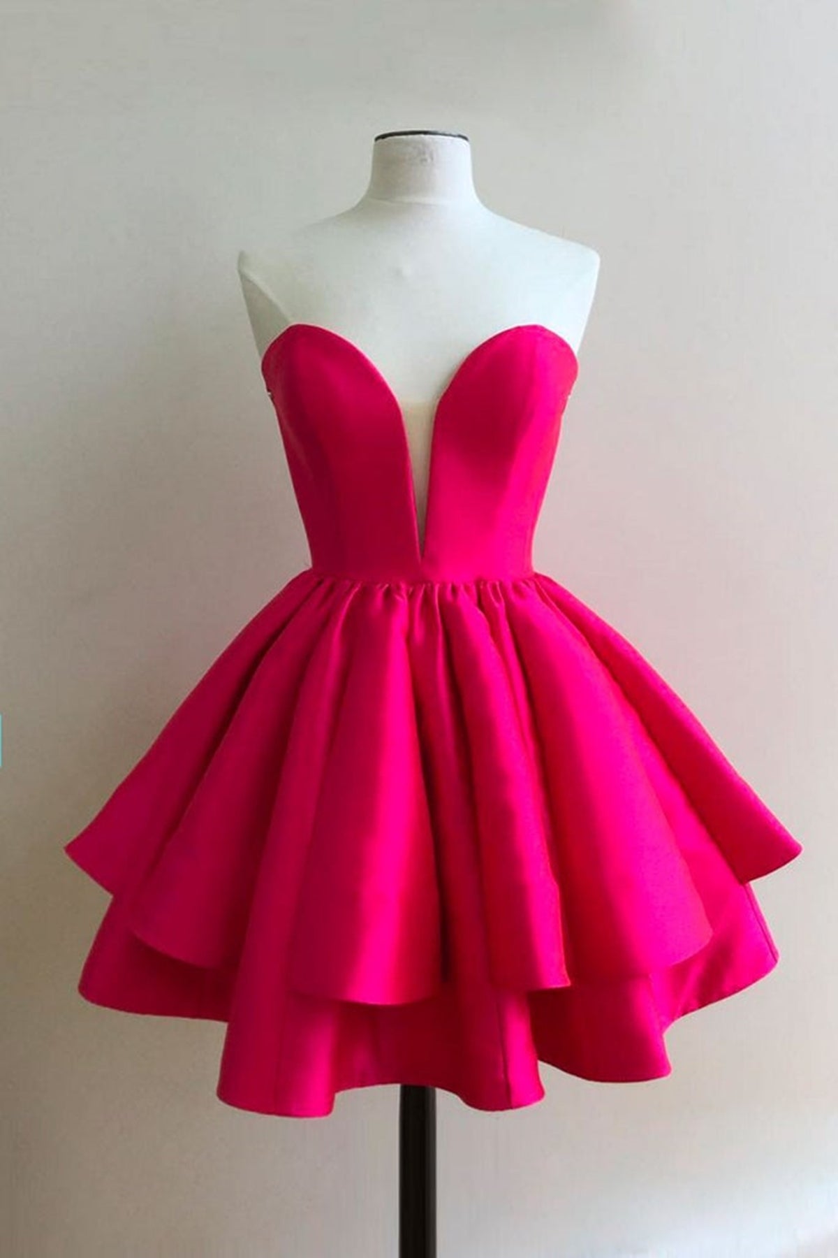Strapless Hot Pink Satin Layered Short Prom Homecoming Dresses, Short Hot Pink Formal Graduation Evening Dresses