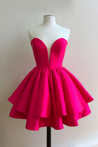 Strapless Hot Pink Satin Layered Short Prom Homecoming Dresses, Short Lwt Dress Strapless Hot Pink Satin Layered Short Prom Homecoming Dresses, Short Lwt Dress