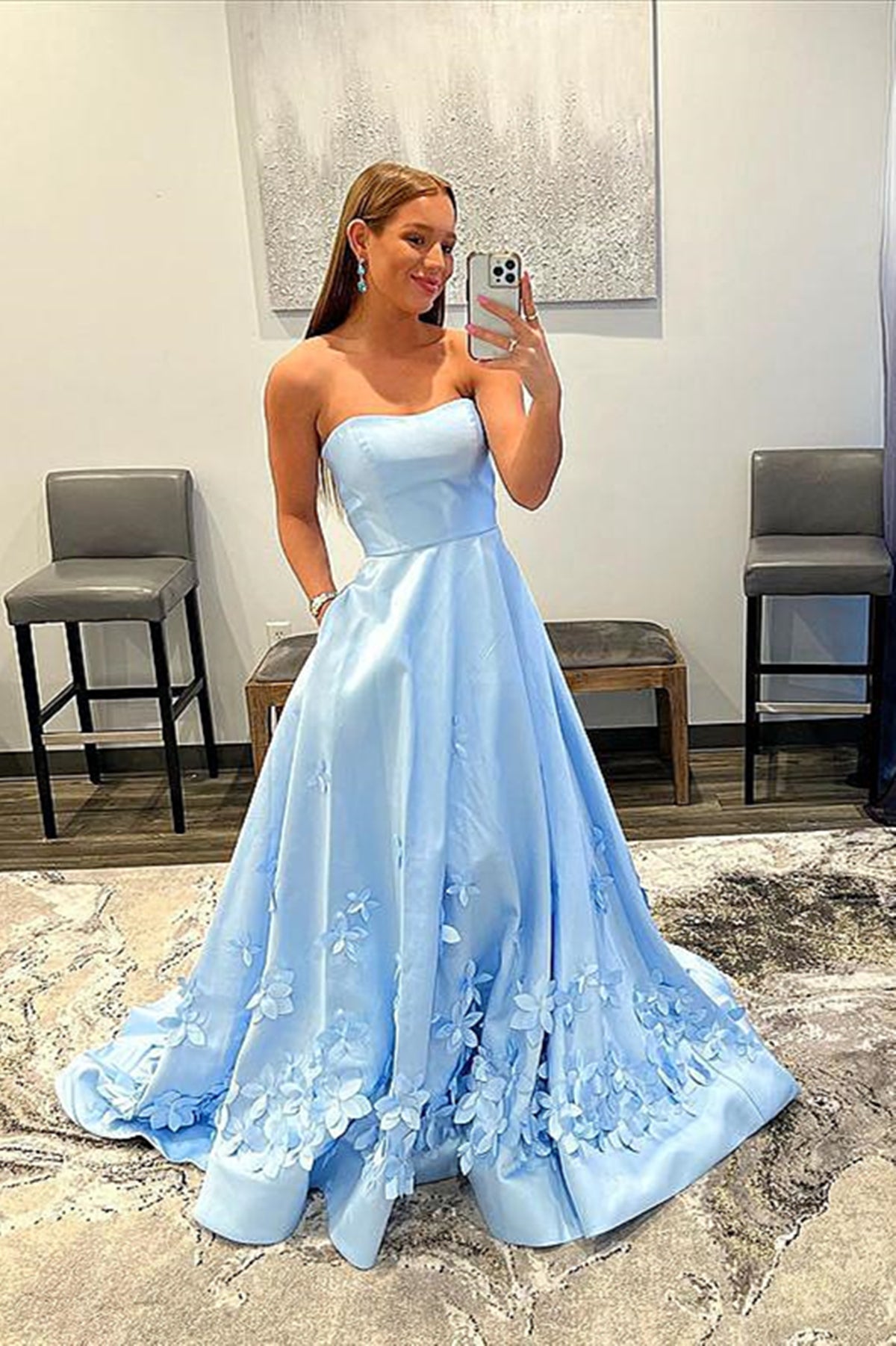 Strapless Light Blue Floral Long Prom Dresses, 3D Flower Long Formal G Lwt Dress Strapless Light Blue Floral Long Prom Dresses, 3D Flower Long Formal G Lwt Dress