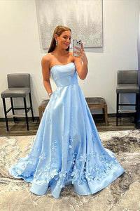 Strapless Light Blue Floral Long Prom Dresses, 3D Flower Long Formal Graduation Dresses