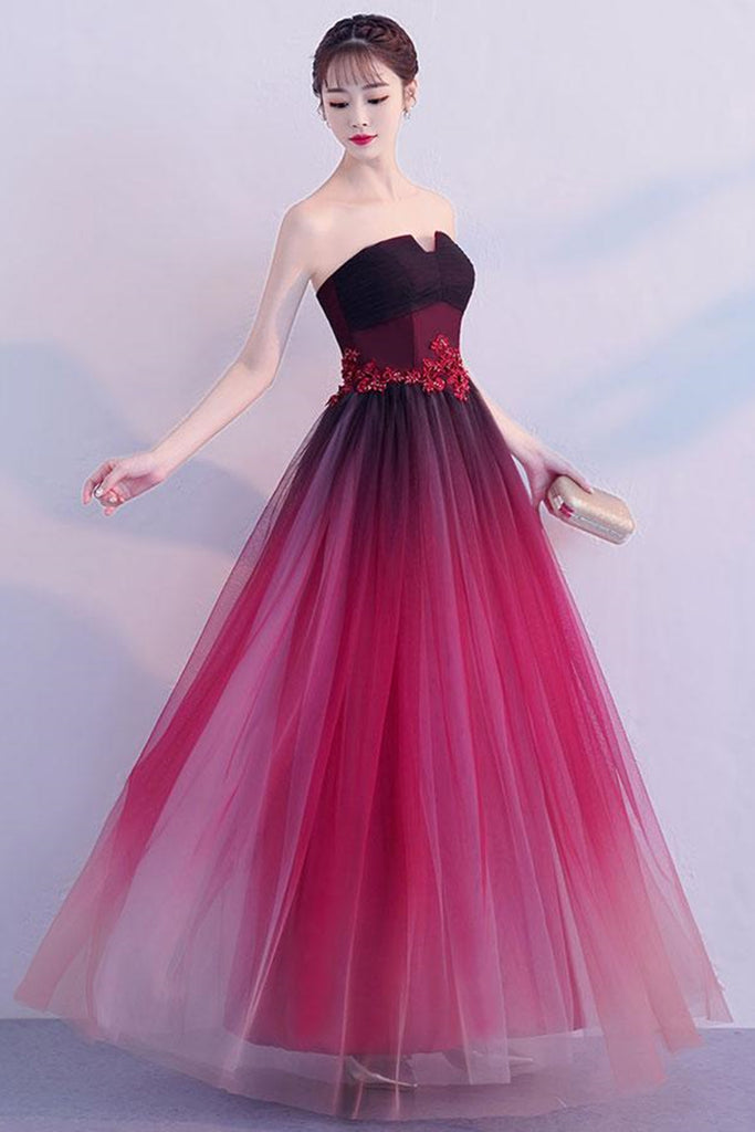 Strapless Open Back Ombre Burgundy Long Prom Dresses, Ombre Burgundy F Lwt Dress Strapless Open Back Ombre Burgundy Long Prom Dresses, Ombre Burgundy F Lwt Dress