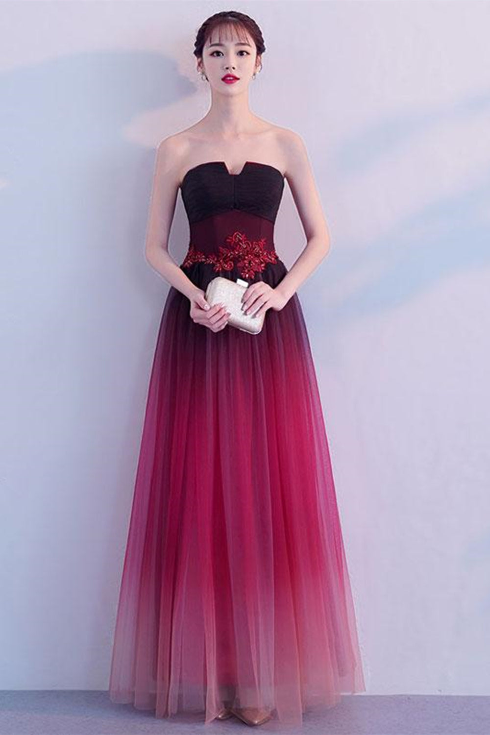 Strapless Open Back Ombre Burgundy Long Prom Dresses, Ombre Burgundy F Lwt Dress Strapless Open Back Ombre Burgundy Long Prom Dresses, Ombre Burgundy F Lwt Dress