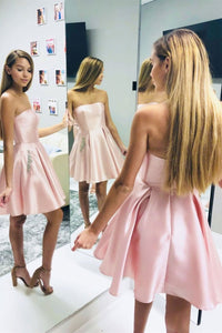 Strapless Open Back Pink Short Prom Dresses, Short Pink Homecoming Dresses, Pink Formal Dresses