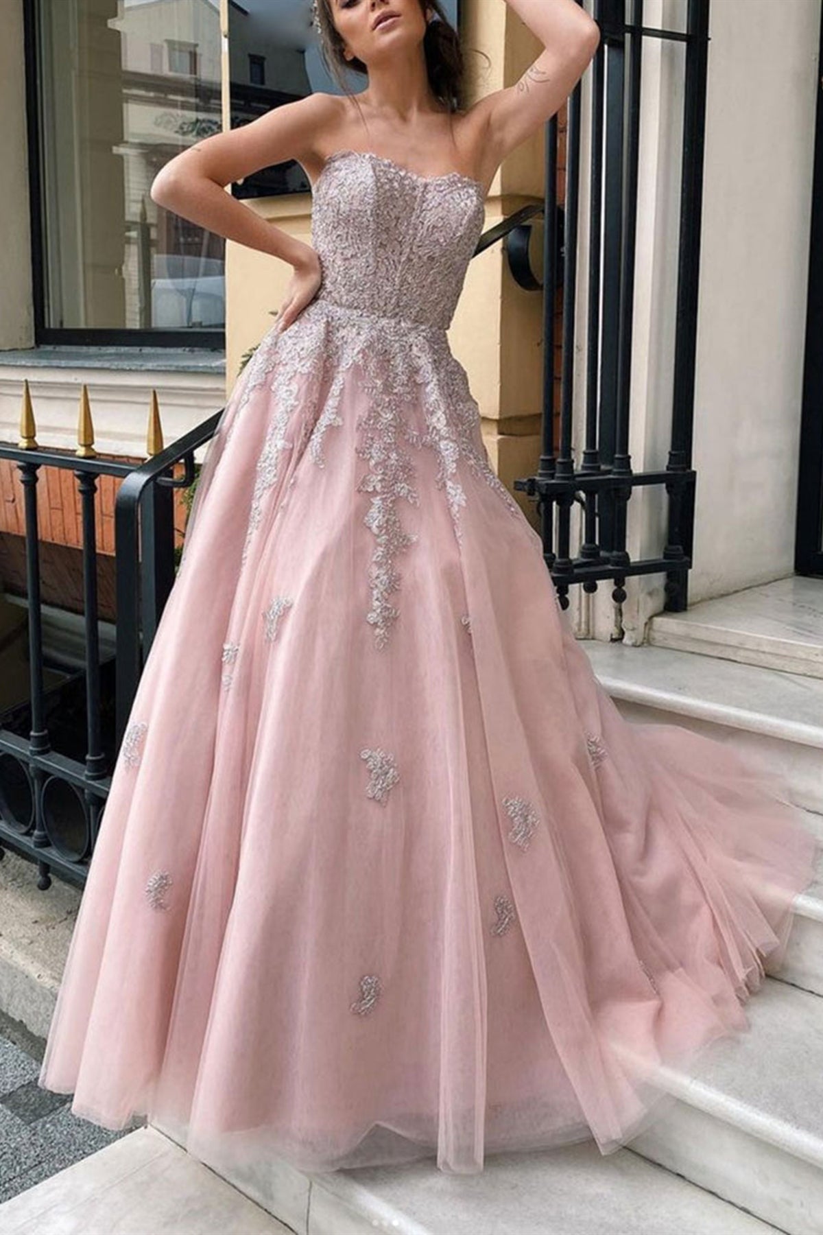 Strapless Open Back Pink Tulle Long Prom Dresses with Lace Appliques, Pink Lace Formal Graduation Evening Dresses