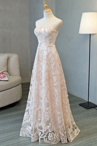 Strapless Pink Lace Long Prom Dresses, Open Back Pink Formal Dresses, Pink Lace Evening Dresses