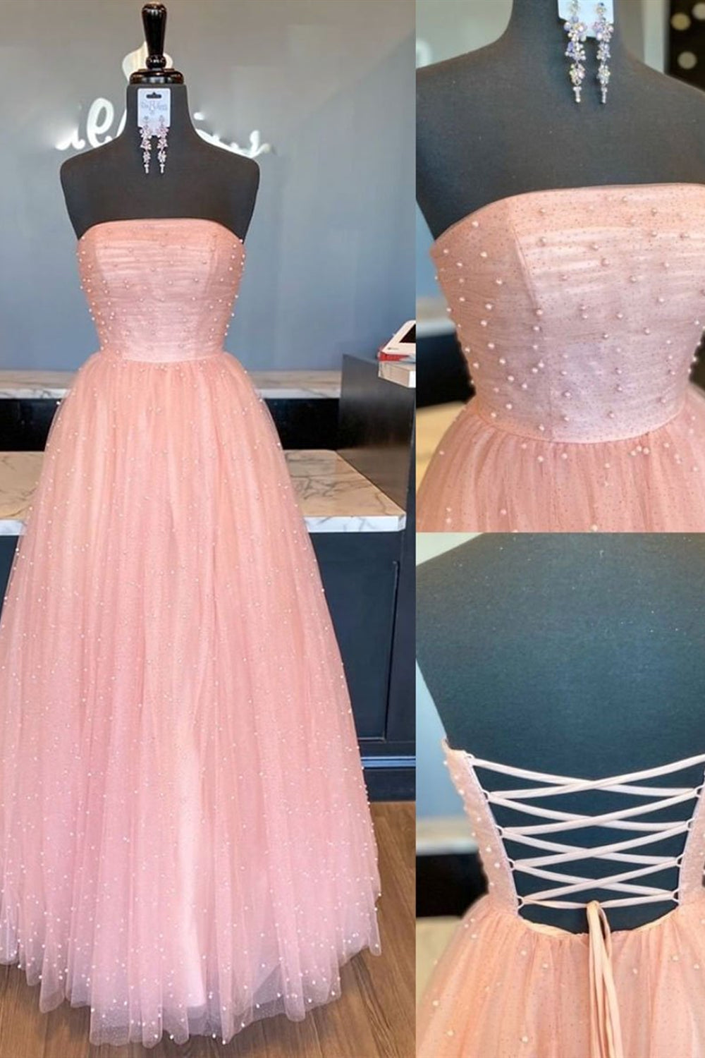 Strapless Pink Tulle Beaded Long Prom Dresses, Open Back Pink Formal Evening Dresses with Beadings