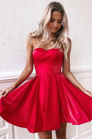 Strapless Sweetheart Neck Red Satin Short Prom Homecoming Dresses, Open Back Red Formal Graduation Evening Dresses