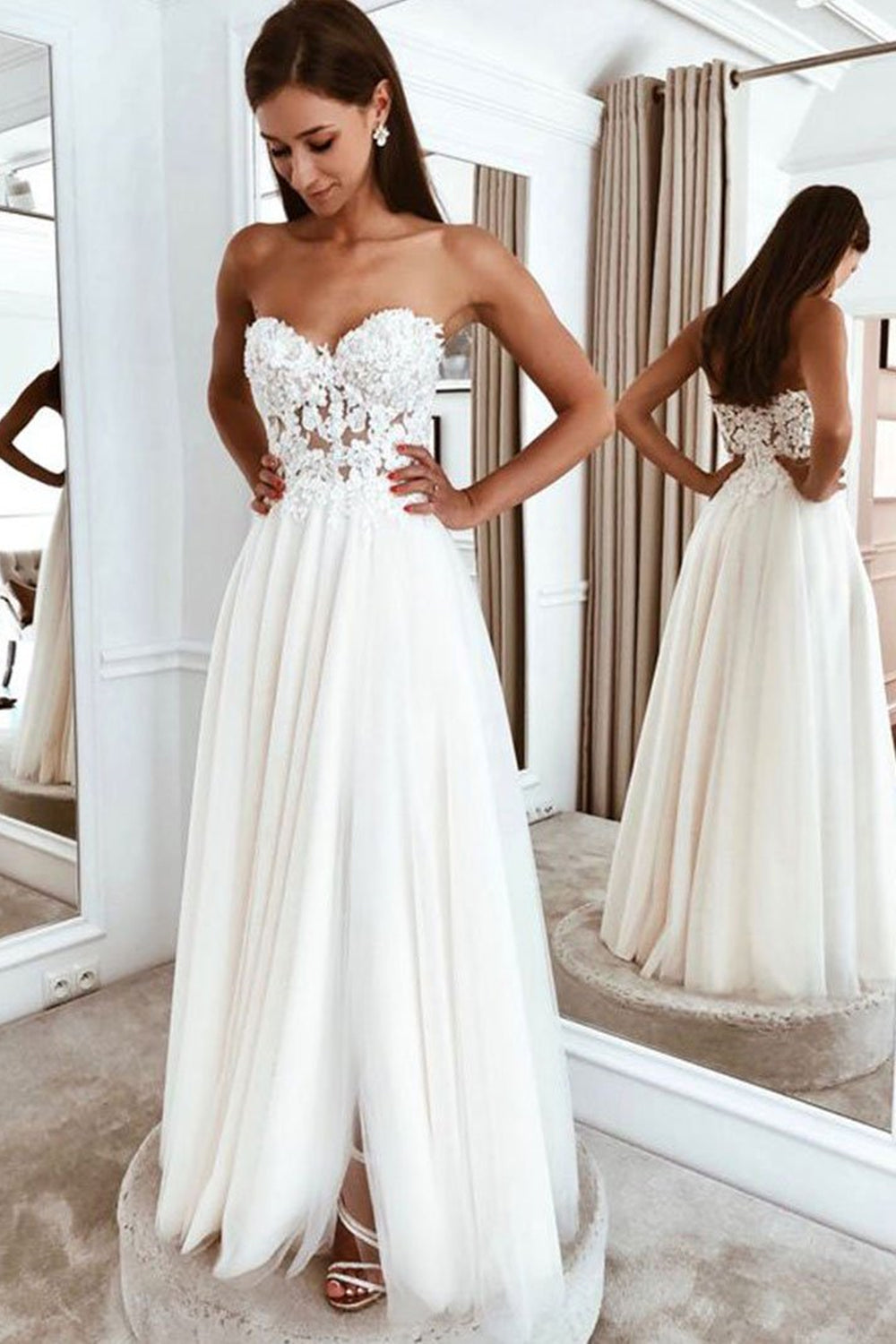 Strapless Sweetheart Neck White Lace Long Prom Dresses, White Lace Formal Graduation Evening Dresses