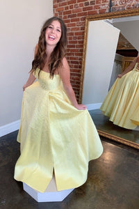 Strapless Yellow Satin Beaded Long Prom Dresses, Yellow Satin Formal Graduation Evening Dresses