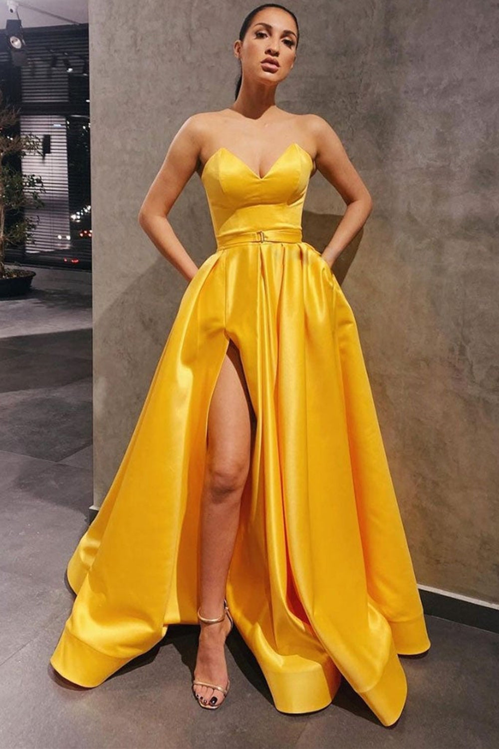 Strapless Yellow Satin Long Prom Dresses with High Slit, Yellow Satin Formal Evening Dresses