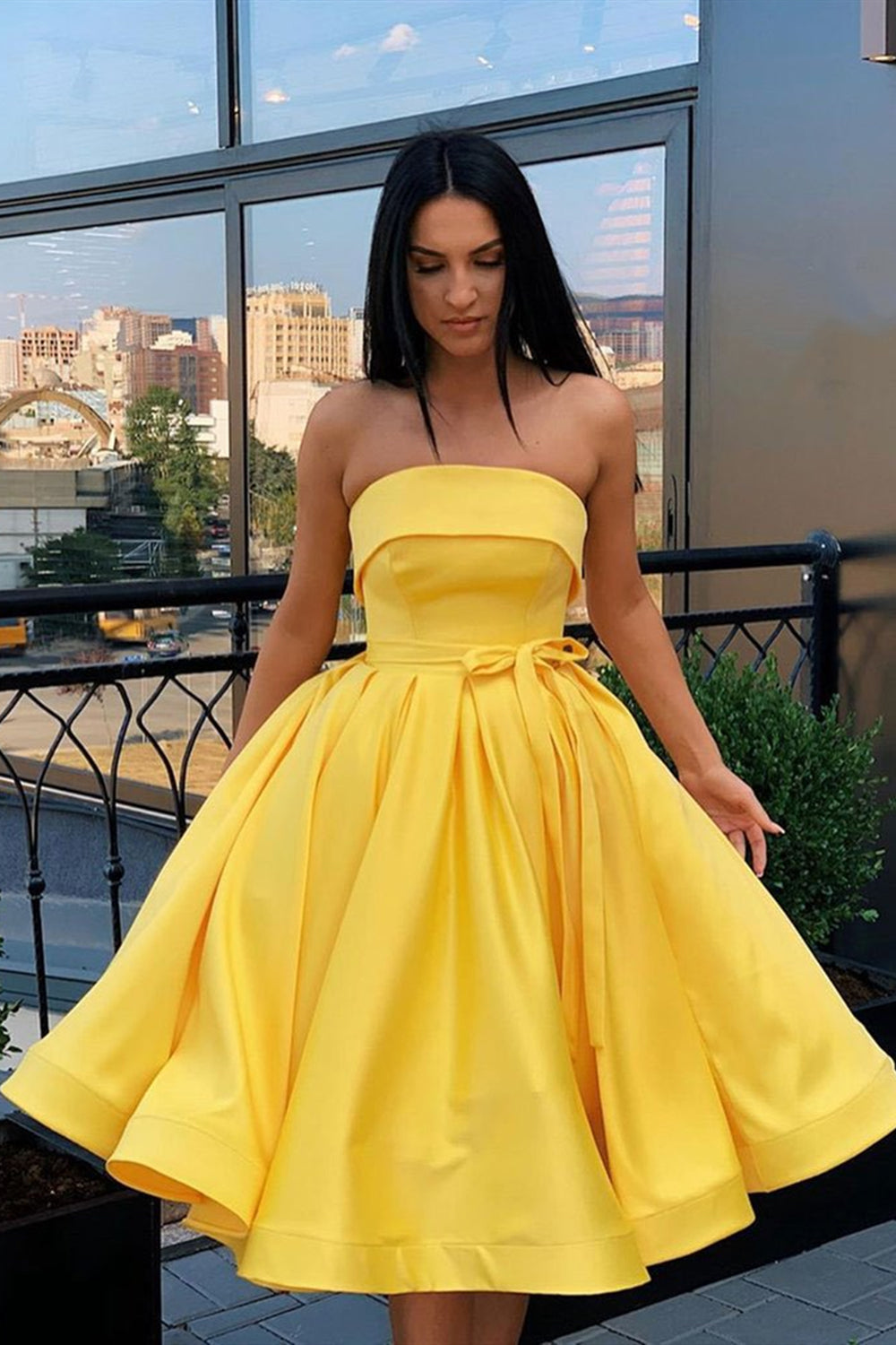 yellow homecoming dress strapless Zapaka Women Yellow Corset Homecoming Dress with Beading A-Line Strapless Tiered Short Prom Dress, Yellow / US22W