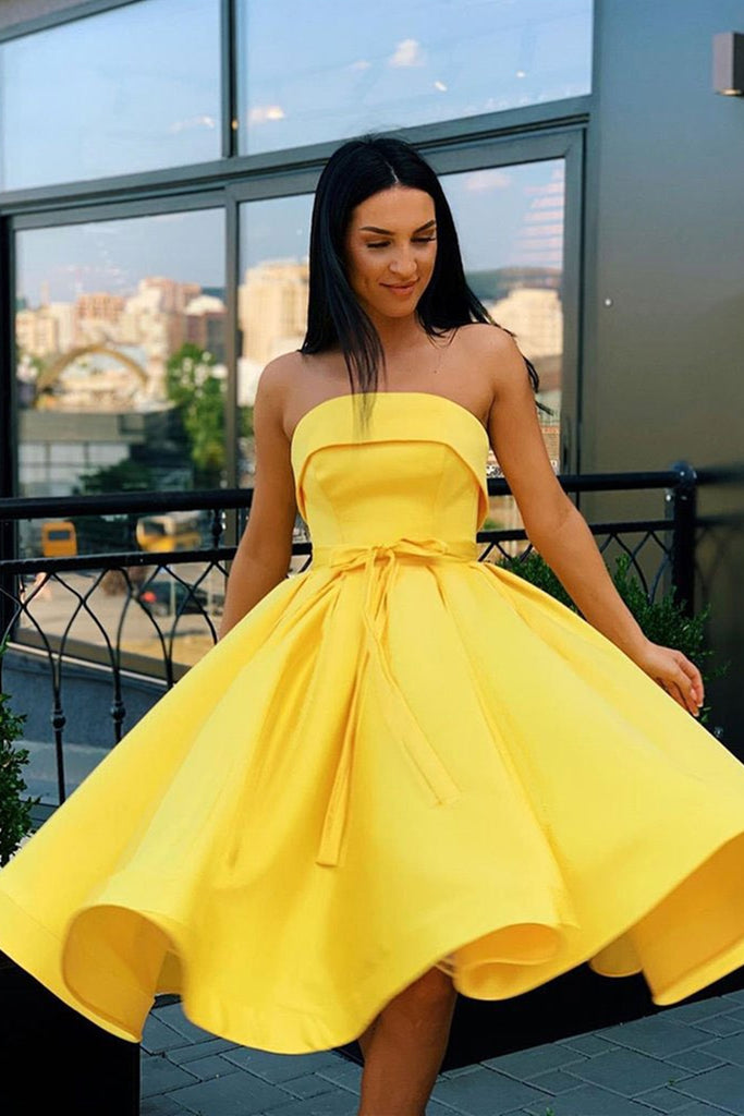 Strapless Yellow Satin Short Prom Dresses, Yellow Homecoming Dresses, Lwt Dress Strapless Yellow Satin Short Prom Dresses, Yellow Homecoming Dresses, Lwt Dress