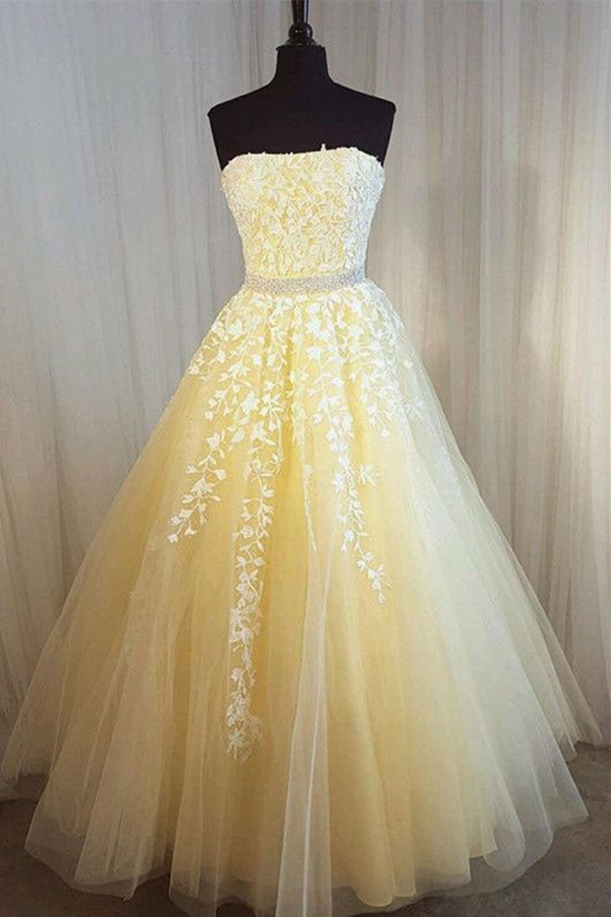 Strapless Yellow Tulle Lace Beaded Long Prom Dresses, Yellow Lace Formal Dresses, Yellow Evening Dresses