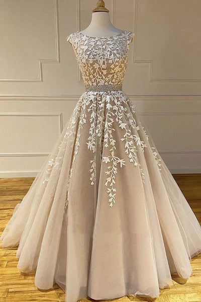 Stylish Champagne Lace Tulle Long Prom Dresses, Open Back Champagne Formal Dresses, Champagne Evening Dresses