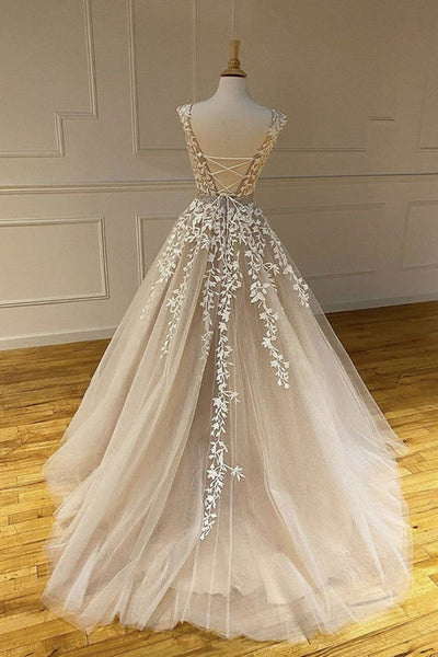 Stylish Champagne Lace Tulle Long Prom Dresses, Open Back Champagne Formal Dresses, Champagne Evening Dresses