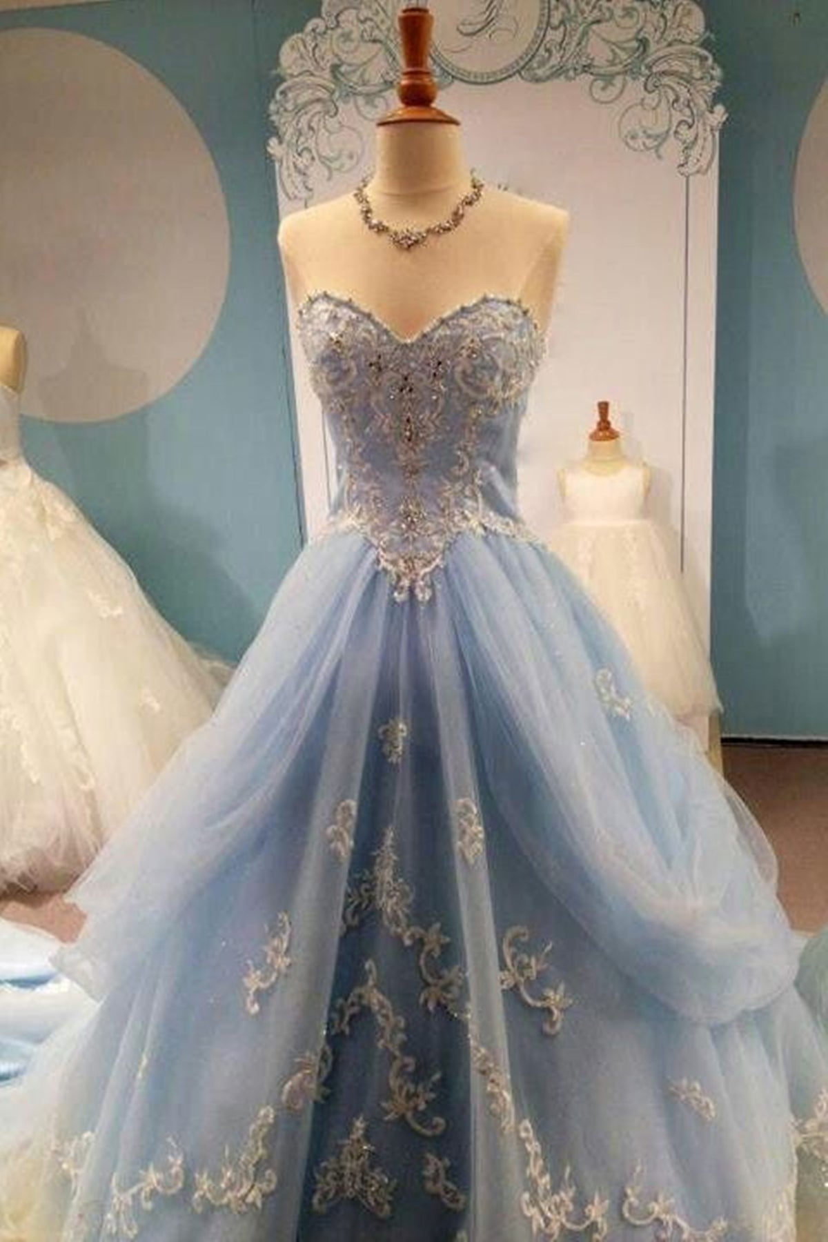 Sweetheart Neck Beaded Blue Lace Appliques Long Prom Dresses, Blue Lace Formal Evening Dresses, Beaded Blue Ball Gown